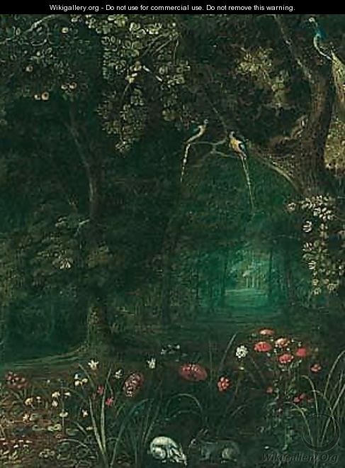 A wooded landscape with rabbits grazing among wild flowers in the foreground - Jan, the Younger Brueghel