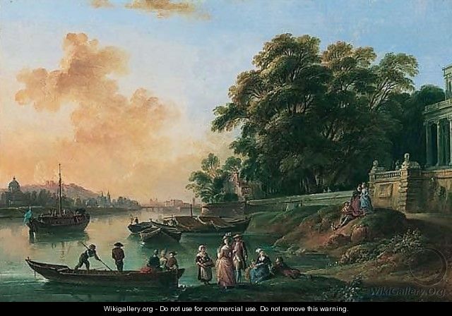 A View, Possibly On The River Seine With The Cathedral Of Notre-dame Beyond, With Elegant Figures At Leisure And A Palace Nearby - Jean-Baptiste Lallemand