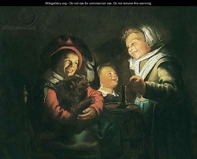 Children Playing With A Dog By Candlelight - Jan Miense Molenaer