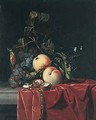 A Still Life Of Grapes, Peaches, Walnuts And A Wine Glass Upon A Ledge Draped With A Red Cloth - (after) Isaak Denies