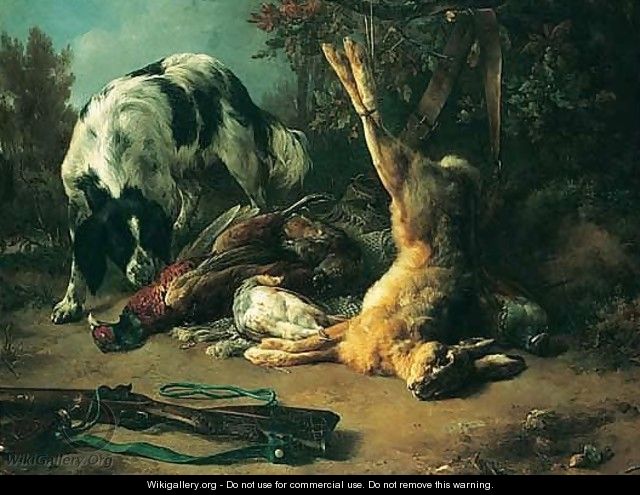 A Hunting Still Life With A Hound Sniffing Some Dead Game, Including A Male Pheasant, A Grouse And A Hung Hare, A Shotgun Lying Nearby - Jacques-Raymond Brascassat