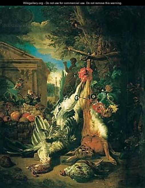 A Still Life Of Game With A Hung Hare And A Basket Of Fruit, In An Ornamental Garden - (after) Jan Weenix