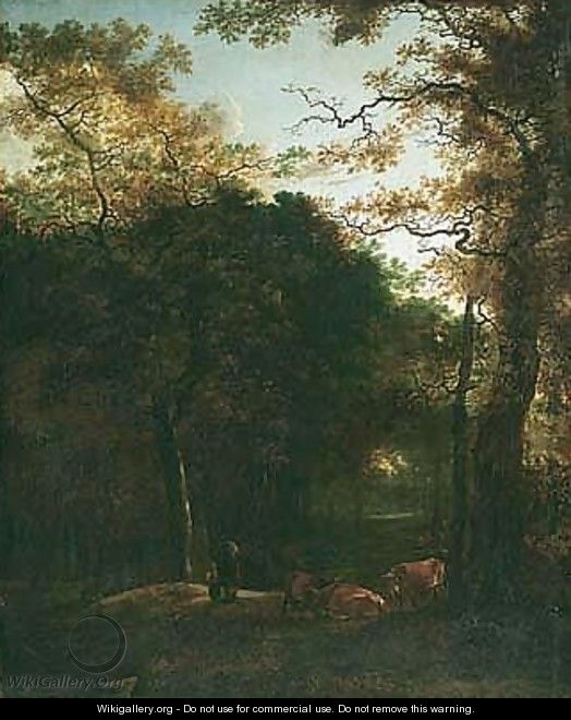 A Wooded Landscape With Cattle And Figures In A Woodland Clearing - Adam Pijnacker
