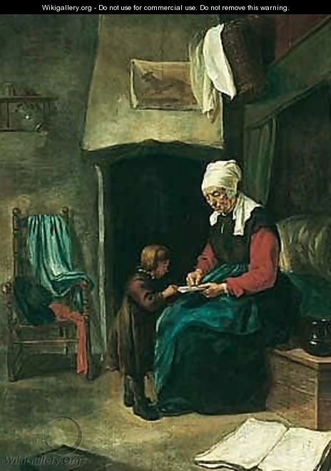 A domestic interior wtih an old maid teaching a young boy to read - (after) Esaias Boursse