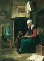 A domestic interior wtih an old maid teaching a young boy to read - (after) Esaias Boursse