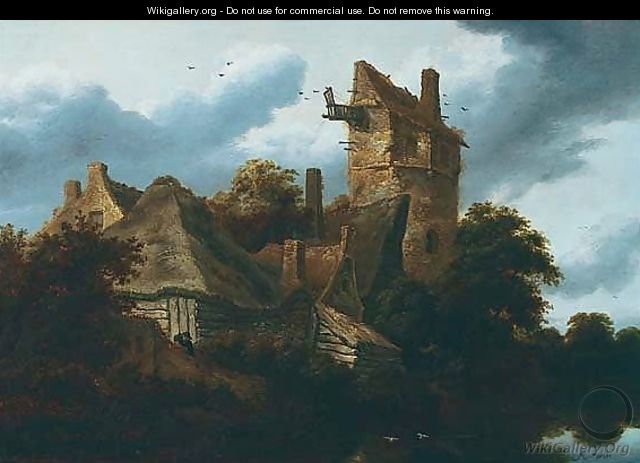 A River Landscape With Hunters And Fishermen Near Rustic Buildings - Roelof Jansz. Van Vries