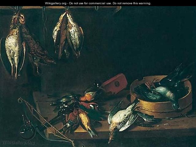 Still life of woodcock and finches, hanging above a wooden table with a stone-bow and a sieve - French School