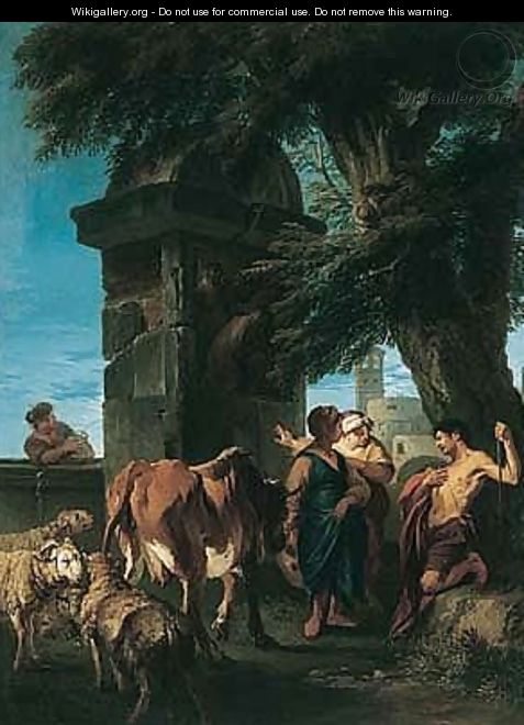 Herdsmen With Their Cattle And Sheep Resting Before A Funerary Monument, A Church Tower Beyond - (after) Andrea Locatelli