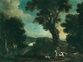 An extensive river landscape with horsemen and their hounds hunting a stag - (after) Michaelanglo Cerquozzi