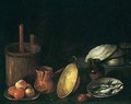 A still life of apples on a plate, sardines in a bowl, and other kitchen utensils - Spanish School