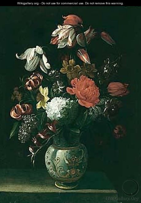 A still life of variegated tulips, narcissi, daffodils and other flowers in a maiolica vase - Neapolitan School