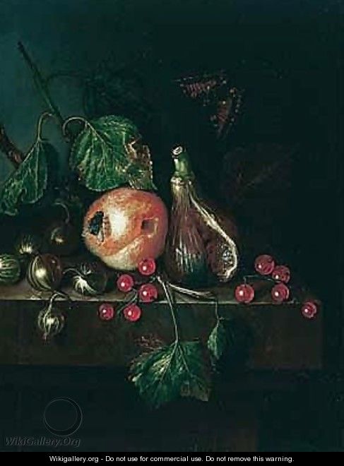 Still life of a fig, a plum, gooseberries and redcurrants, together with a fly and a tortoiseshell butterfly, upon a stone ledge - (after) Catharini Treu