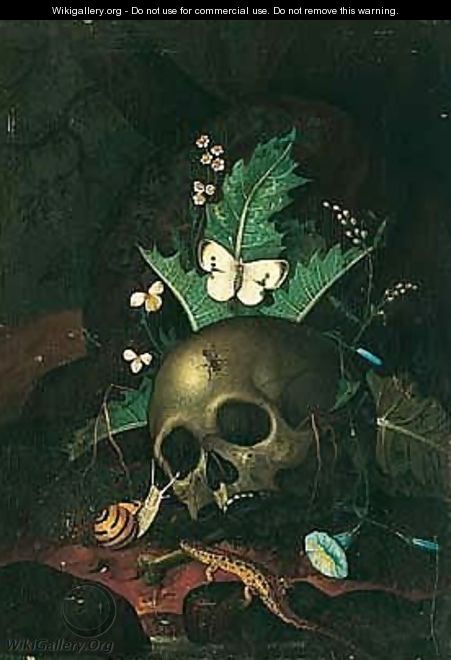 A Forest Floor Still Life With A Skull, Butterfly, Snail And Lizard, Together With Convulvuli And Others Wild Flowers Before A Tree Stump - (after) Carl Wilhelm De Hamilton