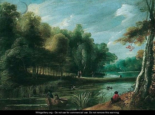 A wooded river landscape with fishermen - (after) Jaques D