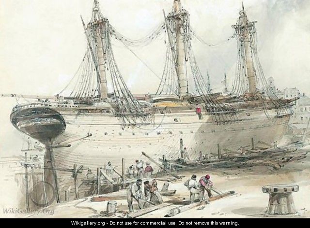 Three-masted Merchant Ship Being Overhauled In A Dry-dock At Woolwich - George Bryant Campion