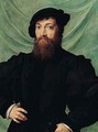 Portrait Of A Gentleman Standing Before A Green Curtain - Willem Adriaensz Key