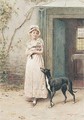 A Young Lady With A Dog And Kitten Standing In A Cottage Doorway - George Goodwin Kilburne