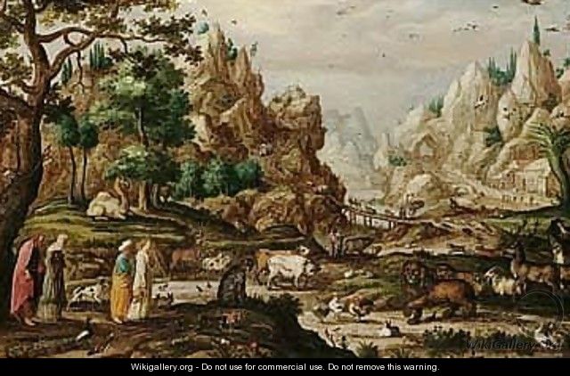 A rocky landscape with noah and the animals entering the ark - (after) Jacob II Savery