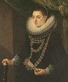 Portrait Of A Lady, Three-quarter Length, Wearing Black And Holding A Fan, Standing Before A Draped Green Curtain - (after) Cornelis De Vos