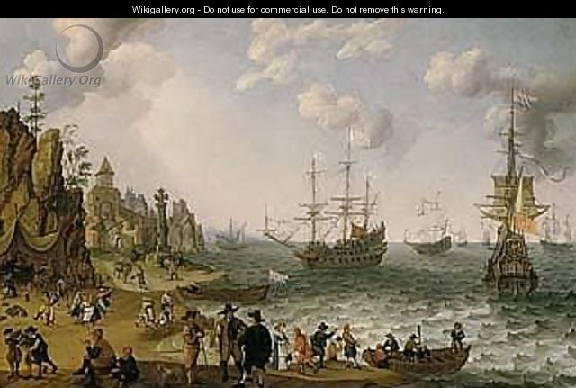 Elegant Figures, Dancing Peasants And Other Figures On A Rocky Shore, Royal Yachts And Other Shipping Vessels On Choppy Seas Beyond - Isaac Willaerts