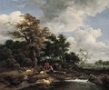 A Wooded Landscape With A Shepherd And Shepherdess Resting With Their Flock By A River - Jacob Van Ruisdael