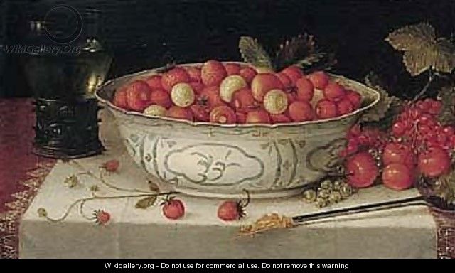 Still Life Of Fraises-de-bois In A Wan-li Porcelain Bowl, Redcurrants, Cherries, A Spoon And A Roemer On A Draped Table - Nicolaes Gillis