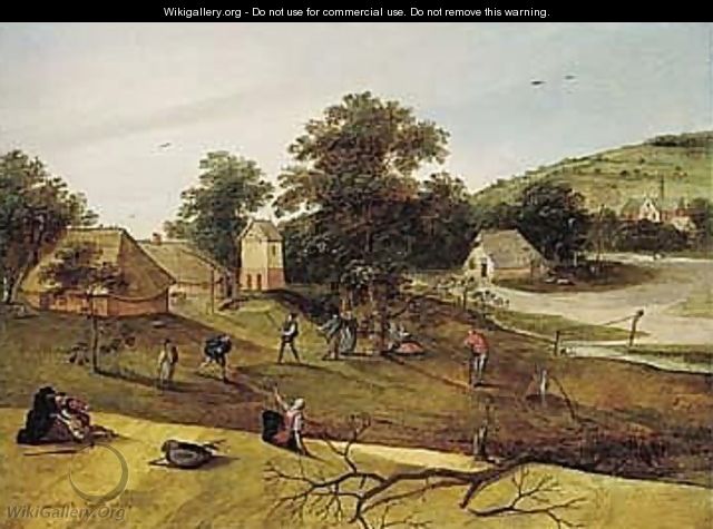 A Landscape With Villagers Playing Ketspel And Picking Apples Before A Hamlet - Jacob Grimmer