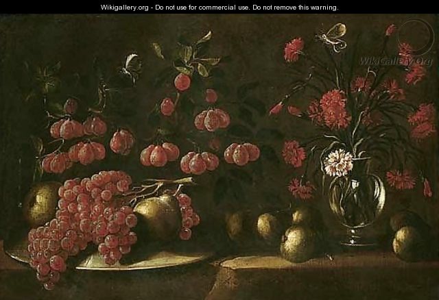 Still life of grapes and pears upon an upturned dish, together with carnations in a glass vase - Spanish School
