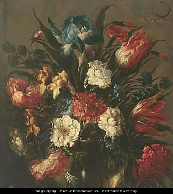 Still life of tulips, roses, an iris and other flowers, in a glass vase - (after) Juan De Arellano