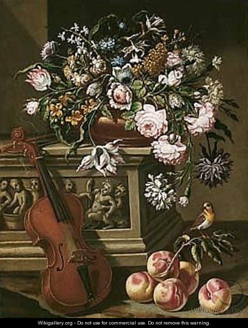 Still life of flowers in a terracotta vase, upon a stone relief, together with a violin - Piedmontese School