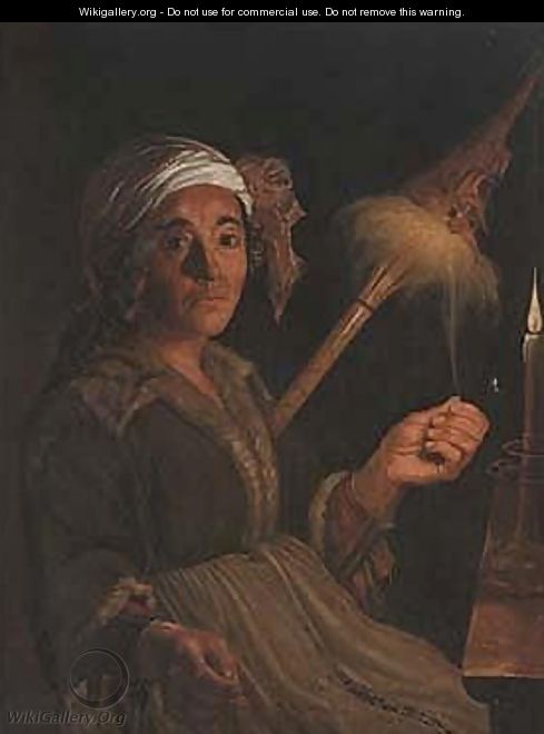 A woman spinning wool by candle-light - North-Italian School