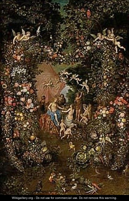 The crowning of cybele set within a garland of flowers, fruit and vegetables - Jan, the Younger Brueghel