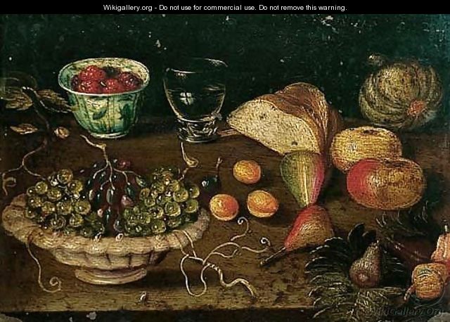 Still life of a bowl of grapes and raspberries in a blue and white cup, together with other fruits - (after) Osias, The Elder Beert