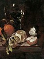 Still Life Of A Roemer, An Orange, Lemon, A Medlar, An Apple And A Cabbage White Butterfly, Upon A Stone Ledge - Marten Nellius