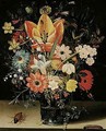 Still life of tulips, carnations, daisies, irises, narcissi, lily of the valley and other flowers in a glass vase - (after) Peter Paul Binoit