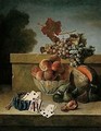 Still Life Of Peaches In A Porcelain Bowl, Together With Grapes, Figs, A Melon, And A Purse With Coins And Playing Cards, All Upon A Stone Ledge - Jean-Baptiste Oudry