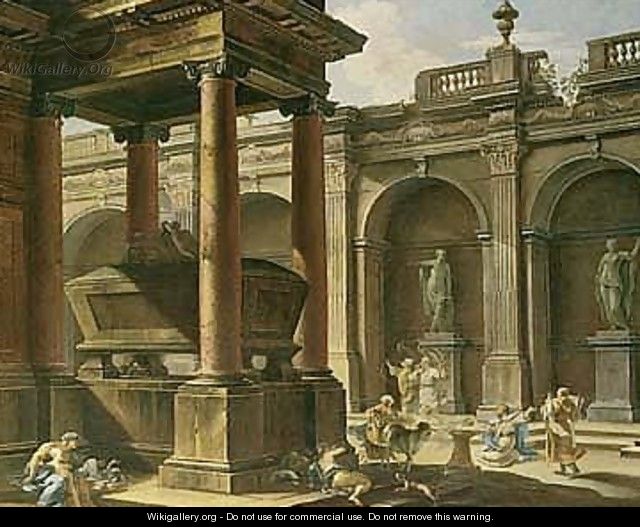 An architectural capriccio with king solomon sacrificing to the idols amongst classical ruins - Bolognese School