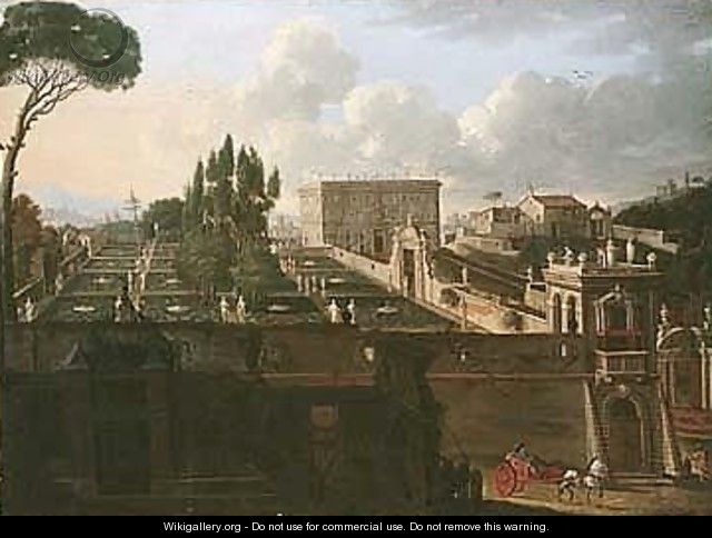 A view of a roman palazzo with an ornamental garden, a man in a carriage riding in the foreground - Roman School