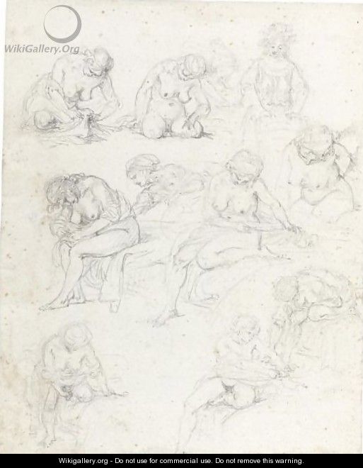 Sheet Of Studies Of Nude Young Women - Augustin de Saint-Aubin