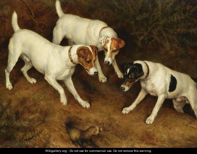 Not At Home Cracknell, Olive And Jack Russell On A Ferret - Frank Paton