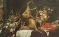Game Still Life With Birds, A Deer And A Hare, With A Basket Of Fruit, A Lobster On A Plate And Other Objects On A Draped Table With A Cat, Two Dogs And A Parrot - (after) Frans Snyders