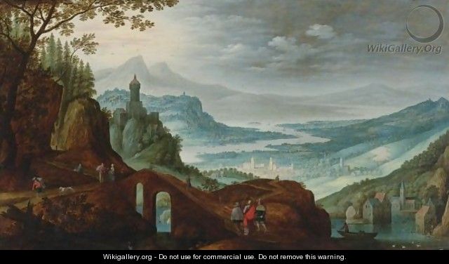 Extensive River Landscape With Christ On The Road To Emmaus - Maerten Ryckaert