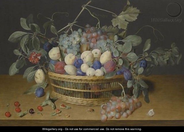 Still Life With Plums, Grapes And Peaches In A Wicker Basket, With Cherries, Hazelnuts - Jacob van Hulsdonck