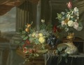 Still Life Of A Basket Of Fruit, Flowers In A Gilt Vase, A Nautilus Shell And Other Objects On A Draped Table Near An Open Window - Carstian Luyckx