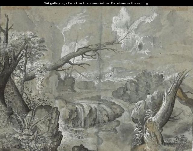 Wooded Mountain Landscape With A Waterfall - Flemish School