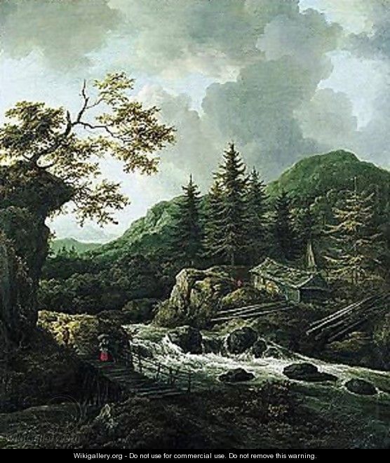 A Torrent In A Scandinavian Wooded Landscape With A Peasant Crossing A Wooden Bridge And Cottages On The Far Bank Of The River - Jacob Van Ruisdael