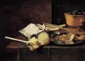 A Still Life Of Smoker's Requisites, Including A Clay Pipe, Tobacco In A Paper, Spills And A Chafing-dish, With A Partly Peeled Lemon And Fish On A Silver Plate - Petrus Willebeeck