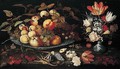 A Still Life Of Apples, Grapes, And Peaches In A Blue-and-white Porcelain Bowl, A Bouquet Of Tulips, Roses, Irises, Lily-of-the-valley And Other Flowers In A Blue-and-white Porcelain Vase, Both On A Stone Ledge - Balthasar Van Der Ast