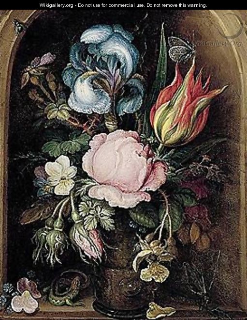 A Still Life Of An Iris, A Tulip, A Rose, Moss-roses And Other Flowers And Plants In A Glass Vase, Flanked By A Lizard And A Dragonfly, All Within A Stone Niche - Roelandt Jacobsz Savery