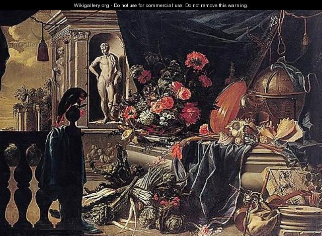 A Still Life Of Flowers With A Globe, Musical Instruments And A Parrot, All Set Within Architectural Surroundings - Michel Bouillon